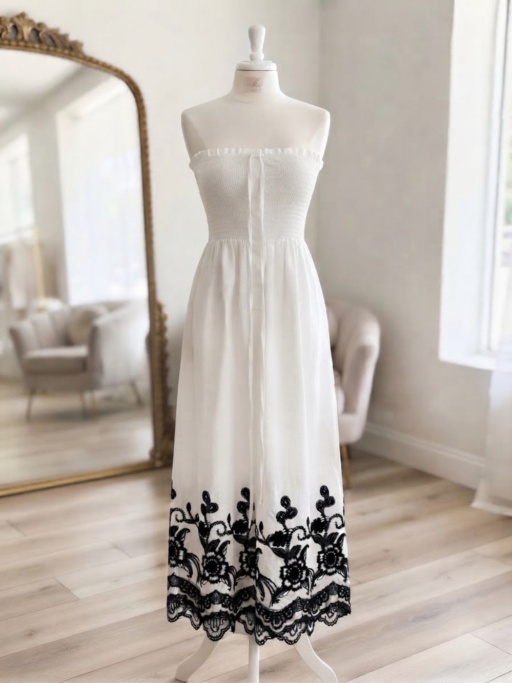 Strapless White Maxi Dress with Black Lace Hem